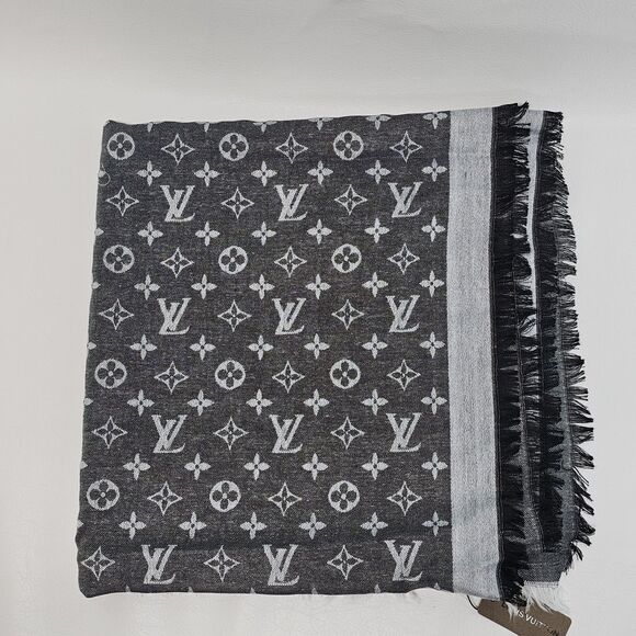 Louis Vuitton Silk/Wool Monogram Scarf Shawl Stole Black/Gray Made in Italy - Picture 9 of 16